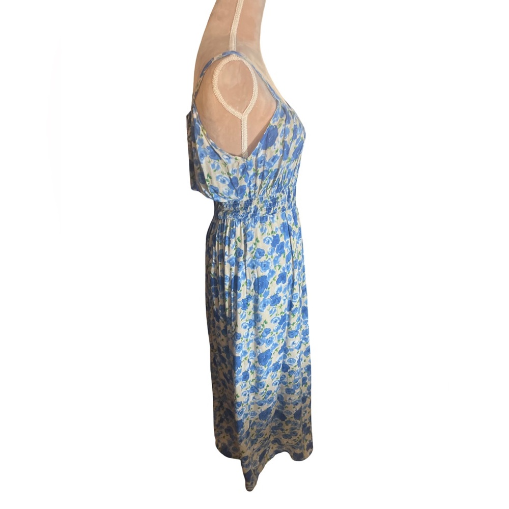 Tulle for Anthropologie Blue and White Floral Midi Dress with Ruched Waist - Picture 4 of 10